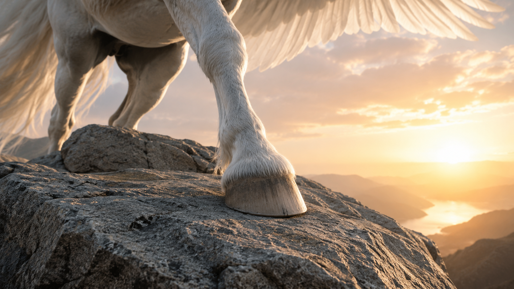 Pegasus hoof standing firmly on a rock ledge at sunrise