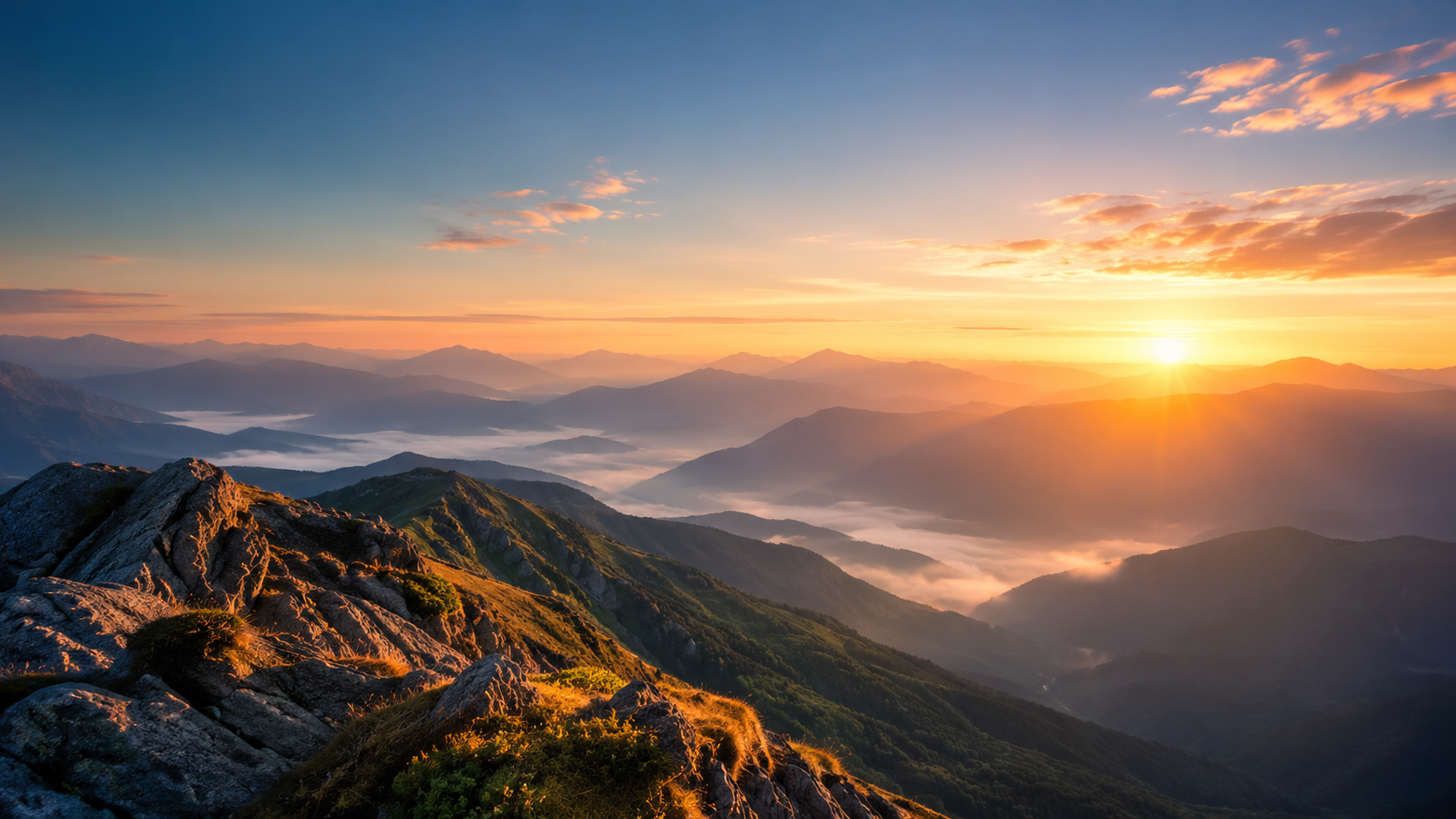 Pegasus standing on a mountain peak at sunrise
